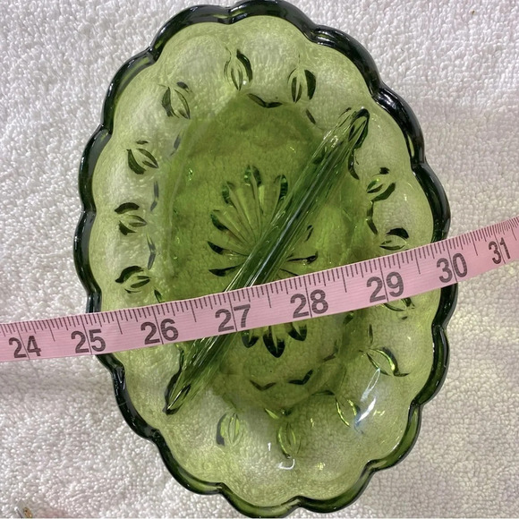 Vintage Indiana Avocado  Green Thumb Print Scalloped Edge Divided Relish Dish - Picture 13 of 14